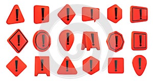 Red 3D warning signs. Hazard danger symbols with exclamation marks, emergency caution safety icons and attention alert