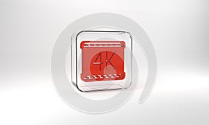 Red 4k movie, tape, frame icon isolated on grey background. Glass square button. 3d illustration 3D render