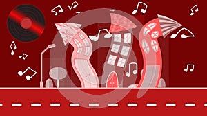 Red abstract dancing city in a flat style with a vinyl plate instead of the sun with curved houses with notes with trees with a ro