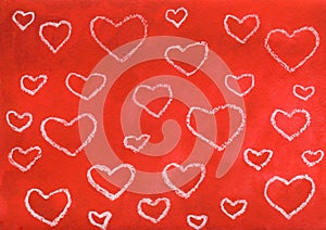 Red abstract hand painted background with hearts