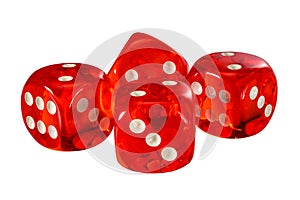 Red acrylic transparent dice for games. Four gambling translucent dices isolated on white background without shadow, macro close-