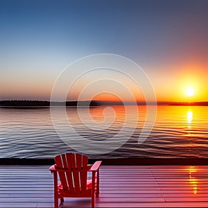 Red Adirondack Chair On Wooden Deck