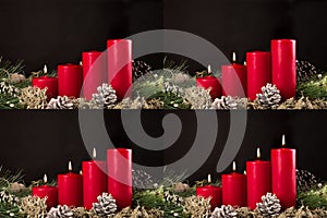 Red advent candles with green pir and pinecone