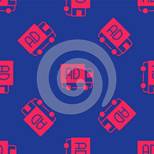 Red Advertising on truck icon isolated seamless pattern on blue background. Concept of marketing and promotion process