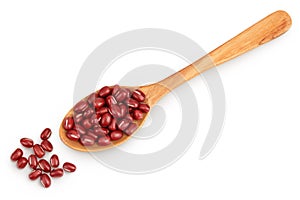 Red adzuki beans in wooden spoon isolated on white background. Top view. Flat lay.