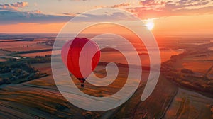 Red aerostat over fields. Romantic hot air balloon travels in the sky on beautiful nature background at sunset.