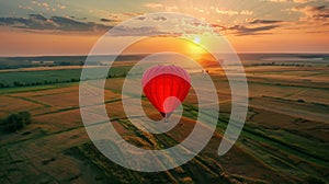 Red aerostat over fields. Romantic hot air balloon travels in the sky on beautiful nature background at sunset.