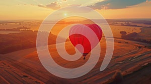 Red aerostat over fields. Romantic hot air balloon travels in the sky on beautiful nature background at sunset.