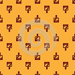 Red Aftershave icon isolated seamless pattern on brown background. Cologne spray icon. Male perfume bottle. Vector