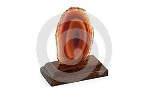 Red agate slice with wooden stand isolated on white background