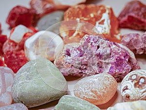 Red Agate, transparent quartz and coral fossils, and carneol. Natural treasure.