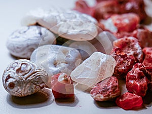 Red Agate, transparent quartz and coral fossils, and carneol. Natural treasure.