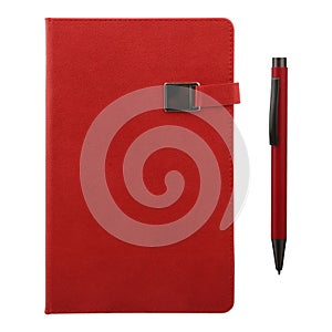 Red agenda and pen over a white background, isolated background
