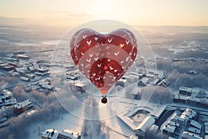 Red air balloon in shape of heart fly above winter city in the morning