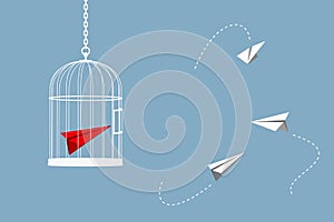 Red airplane in a cage. Business concept of freedom for new ideas creativity and innovative. 3d illustration