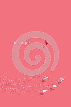 red airplane changing direction and white ones. New idea, change, trend, courage, creative solution, innovation a