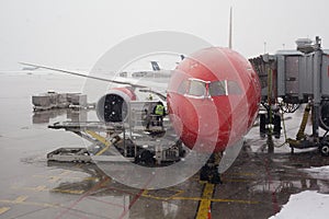 Red Airplane getting ready for take off and fly on a snowy winter day in Munich with a delay due to bad weather