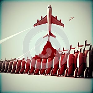 Red Airplane Soars with Leadership, Courage, and Winning Attitude, Standing Out from the Crowd. Generative AI