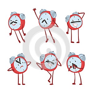Red Alarm Clock Character with Funny Face Expression Vector Set