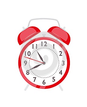 Red alarm clock flat vector illustration. Retro style clock for waking up. Cartoon vintage timepiece with white photo