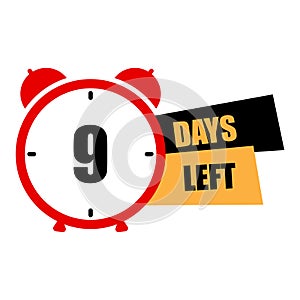 Red alarm clock. Nine-day countdown. Event planning concept. Urgency notification design. Vector illustration. EPS 10.