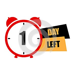 Red alarm clock. One day left reminder. Time countdown concept. Urgency symbol. Vector illustration. EPS 10.