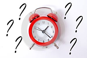 red alarm clock and a question mark . FAQ frequency asked questions, Answer and Brainstorming Concepts