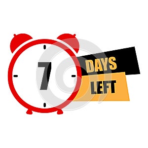 Red alarm clock. Seven days reminder. Countdown concept. Urgent deadline alert. Vector illustration. EPS 10.