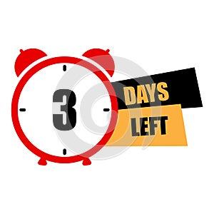 Red alarm clock showing 3 days left. Imminent deadline countdown. Time management concept. Vector illustration.