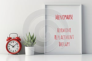 A red alarm clock sitting next to a poster, text Menopause, Hormone Replacement Therapy.