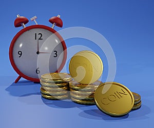 red alarm clock with stack of golden coins