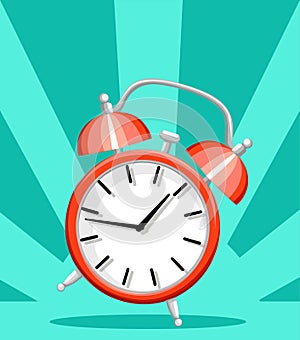 Red alarm clock wake-up time flat style vector illustration isolated on turquoise background website page and mobile app design