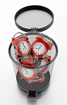 Red alarm clocks inside garbage bin isolated on white. 3D illustration