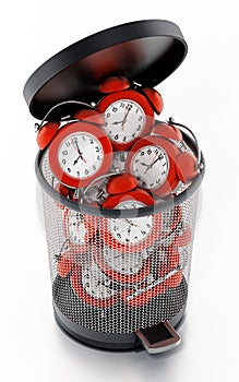 Red alarm clocks inside garbage bin isolated on white. 3D illustration