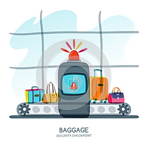 Red alarm siren on scanner warns of dangerous baggage. Vector hand drawn illustration.