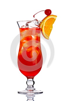 Red alcohol cocktail in with orange slice isolated