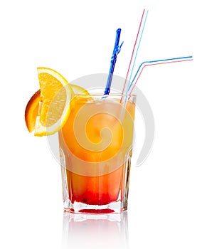 Red alcohol cocktail with orange slice isolated