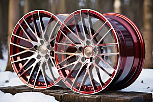 red alloy rims, a car wheels on the background of a winter road and a beautiful landscape, a snow-covered forest, a concept