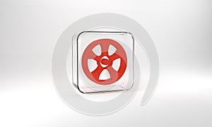 Red Alloy wheel for car icon isolated on grey background. Glass square button. 3d illustration 3D render