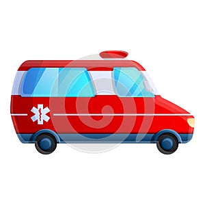 Red ambulance car icon, cartoon style
