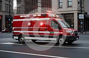 Red ambulance driving on city street. Generative AI