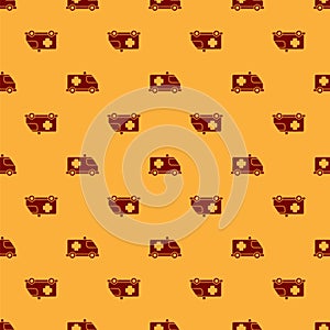 Red Ambulance and emergency car icon isolated seamless pattern on brown background. Ambulance vehicle medical evacuation