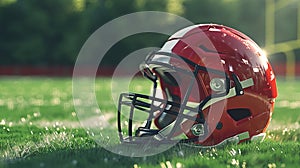 Red american football helmet on the grass of a football field.