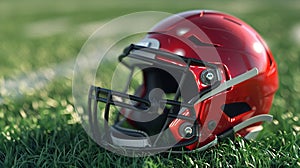 Red american football helmet on the grass of a football field.