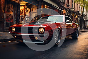 A red American muscle car, unbranded, speeds through a city road