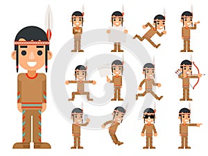 Red American Traditional Native Tribal Culture Feather Indian Boy in Different Poses and Actions Teen Characters Icons
