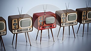 Red analogue television stands out among other TVs. 3D illustration