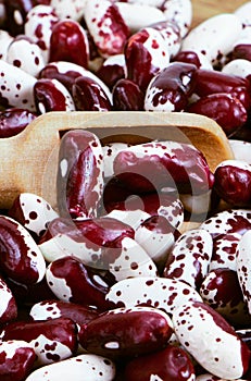 Red Anasazi Beans isolated on a wooden background. Spotted beans.Kidney beans.Haricot beans. Vegetarian food. Healthy protein food