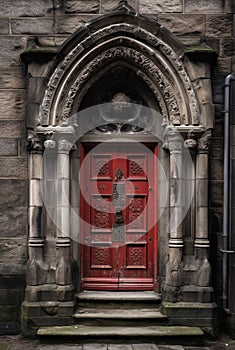 Red ancient old door of gothic cathedral. Generative ai