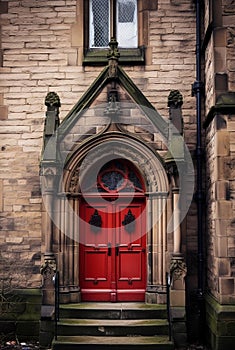 Red ancient old door of gothic cathedral. Generative ai